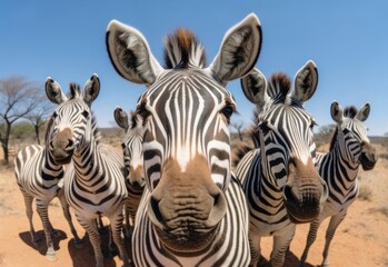 Fototapeta na wymiar Animal wildlife group of zebras in savannah under blue sky, GoPro shot ....