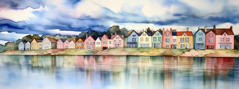 watercolor colorful houses reflected in the lake with clouds landscape panorama.