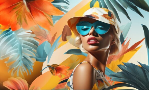 beautiful woman with sunglasses, Tropical photo collage, in the style of modernism-inspired portraiture, retro pop art inspirations, free copy space 