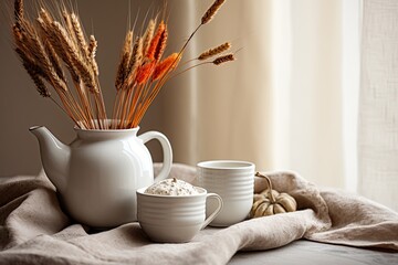 Fototapeta na wymiar A cozy and stylish autumn concept is depicted in this still life image. It features a Scandinavian style home kitchen interior with a white table adorned with dried grass from the Pampas in a vase, as