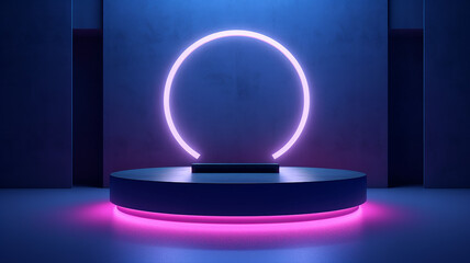 neon glow circle podium presentation abstract light.