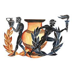 Composition with Ancient Greek Olympic elements and athletes. Amphora, laurel wreath. In the style of ancient Greek art painting. Hand drawn watercolor illustration. For print, packaging, postcards.