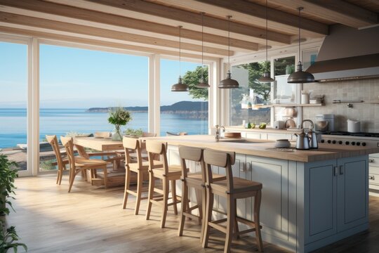 A contemporary and modern kitchen interior featuring a farmhouse theme and overlooking the beautiful ocean.