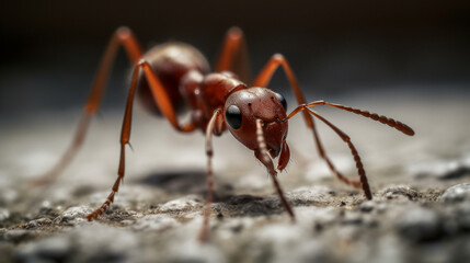 A red fire ant walking on concrete