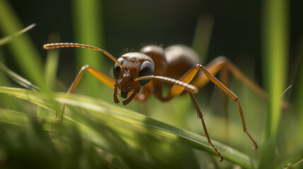 A ant walking through green grass