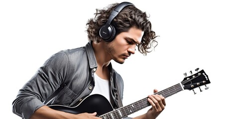 Focused man with headphones playing on guitar Ai Generative