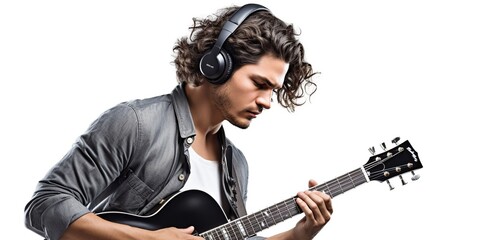 Obraz premium Focused man with headphones playing on guitar Ai Generative