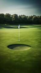 Immaculate Putting Green and Hole with Golfers in the Background Waiting Expectantly