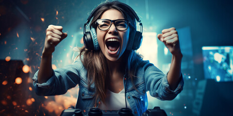 Female gamer celebrating winning an online video game Ai generative - obrazy, fototapety, plakaty