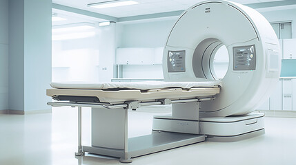 an MRI machine in the interior of a bright hospital.