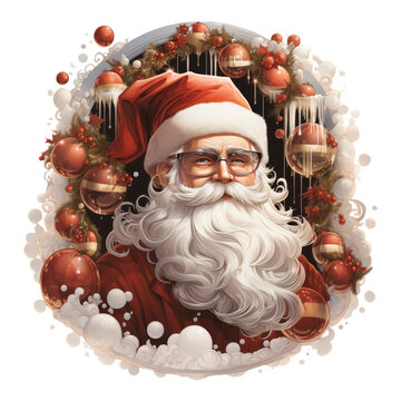 Santa in an elegant and sophisticated Christmas t-shirt, standing in a grand ballroom adorned with chandeliers and festive decorations, Generative Ai
