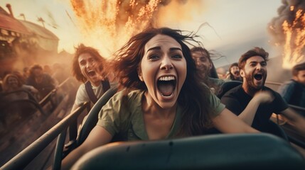 Excitement of a group of friends enjoying a roller coaster ride at an amusement park Ai Generative - obrazy, fototapety, plakaty