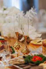 Presidium of the bride and groom at the wedding. Everything is almost ready for the wedding celebration. Wedding banquet