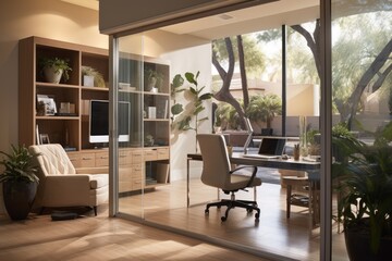 A cozy home office is set up near the foyer entrance, featuring a glass walled and glass doored area with a desk. Two armchairs are placed alongside, providing additional seating options. A notebook