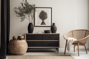 A contemporary Scandinavian living room design showcasing a black imitation poster frame, a sleek...