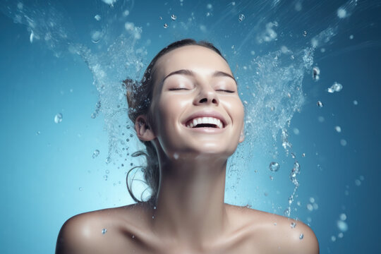 Smiling spa girl with water splashes. Fresh skin, blue background. Skin care, beauty face concept.