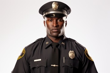 a closeup photo a black african american nyc male police office with uniform and hat standing. isolated on white background. Generative AI