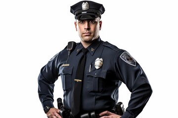 a closeup photo a white caucasian american nyc male police office with uniform and hat standing. isolated on white background. Generative AI