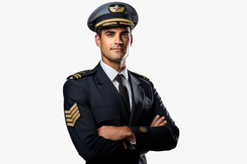 a closeup photo of a young american aircraft plane pilot with uniform and his hat standing with his hands crossed. isolated on white studio background with a lot of blank copy space. Generative AI - obrazy, fototapety, plakaty