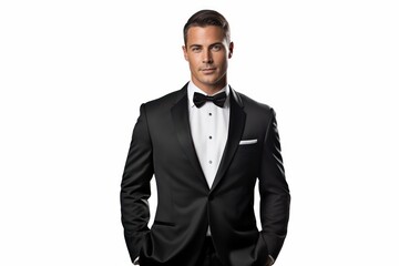 closeup photo of a handsome young white american man groom with wedding black suit and a bow tie. isolated on white studio background. Generative AI