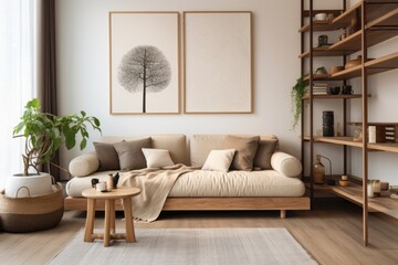 A contemporary idea of a homes indoor space featuring a fashionable couch, a wooden divider for the room, cushions, a cozy blanket, a decorative frame for pictures, a small wooden stool, and