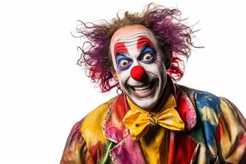 portrait of a scary crazy looking maniac killer clown with make-up and big red nose with colorful hair and joker outfit. isolated on white background. Generative AI - obrazy, fototapety, plakaty