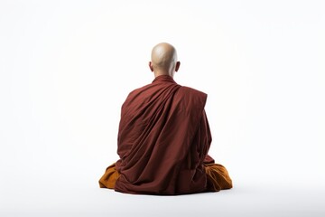 a photo of a bald buddhist monk with orange robe sitting in the lotus pose, isolated on white background. praying and meditating. photo from behind his back. Generative AI - obrazy, fototapety, plakaty