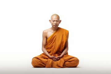 a photo of a bald buddhist monk with orange robe sitting in the lotus pose, isolated on white background. praying and meditating. Generative AI