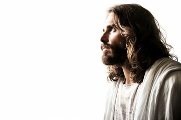 a photo portrait of jesus christ with long hair and a white robe. beautiful handsome man with beard. isolated on white studio background. looking to the left side. blank copyspace. Generative AI