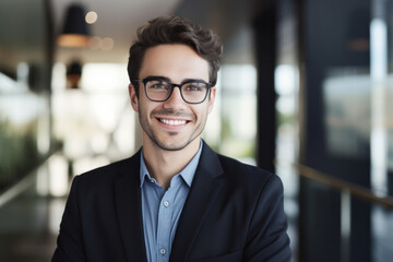 Fototapeta premium Businessman outside conference room, wearing eyeglasses. Happy business man looking at camera with copy space. Satisfied and proud.
