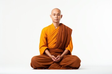 a photo of a bald buddhist monk with orange robe sitting in the lotus pose, isolated on white background. praying and meditating. Generative AI - Powered by Adobe