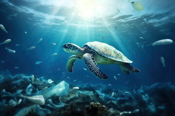 Sea turtle swimming amid plastic bottles in ocean. Pollution concept.