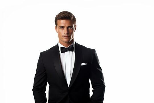 closeup photo of a handsome young white american man groom with wedding black suit and a bow tie. isolated on white studio background. Generative AI