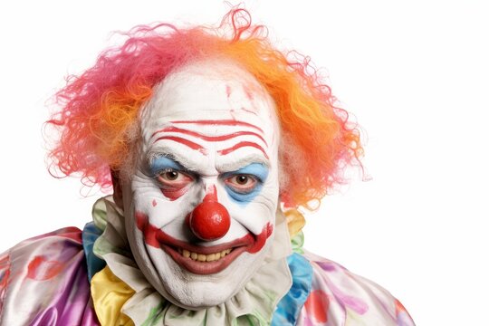 portrait of a scary crazy looking maniac killer clown with make-up and big red nose with colorful hair and joker outfit. isolated on white background. Generative AI