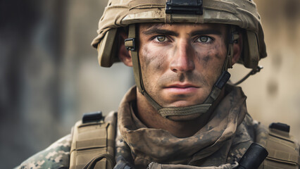 American Miltary Army Soldier Closeup Portrait of Warrior Face with Copy Space