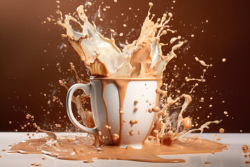 Splashing of latte coffee in glass cup. Generative AI