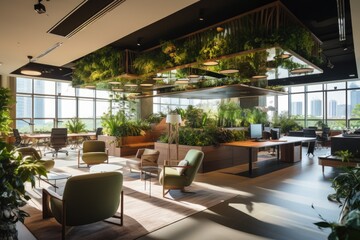 Fototapeta premium A contemporary office space adorned with vibrant potted greenery enhances the ambiance of the workplace.