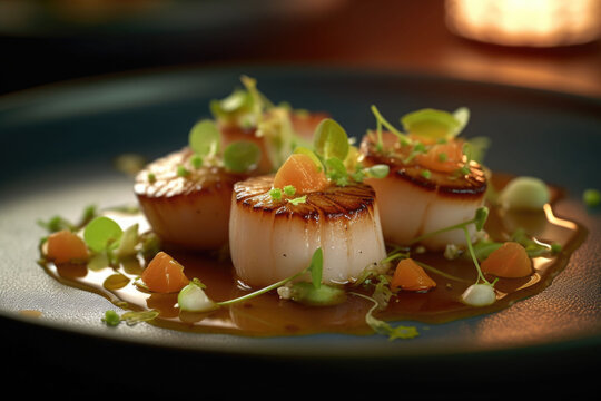 Seared Sea Scallops With Creamy Lemon Spicy Sauce On Black Background. Generative AI