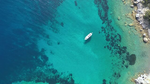 drone footage, Kas, Turkey, sails, deep blue calm sea, shore, fa01