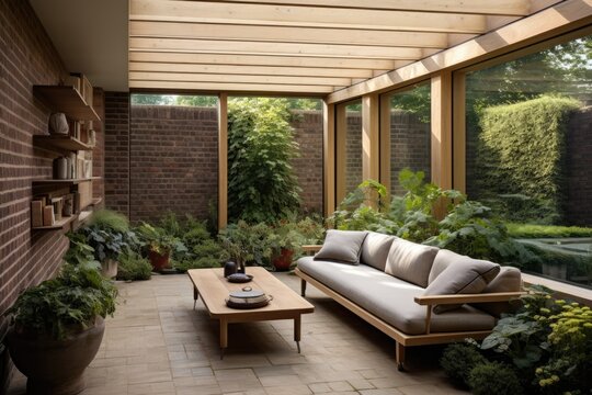 A contemporary sunroom or conservatory that stretches out into the garden, showcasing a prominent brick wall.