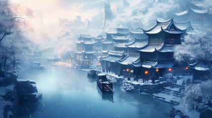 Winter landscape ancient chinese city embankment, chinese new year.