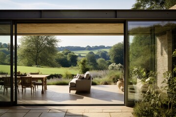 A countryside terrace adorned with sliding glass panels, allowing natural light to delicately seep through.