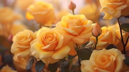 Fototapeten mehrere gelbe Rosen in Blütezeit. Querformat. Generative Ai. © Michael