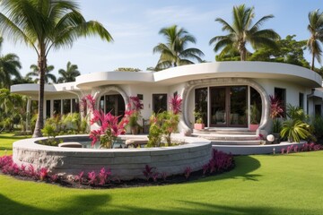 A common sight in Southwest Floridas rural areas, this home is constructed using concrete blocks and adorned with stucco. Surrounded by palm trees, vibrant tropical plants, and blooming flowers, it is