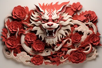 A Chinese dragon in paper kirigami craft style, quilling