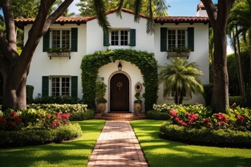 A colonial style house in the Granada neighborhood of Coral Gables features an attractive front garden. The facade showcases a pathway leading to the main entrance, a driveway, and a tiled roof. Palm