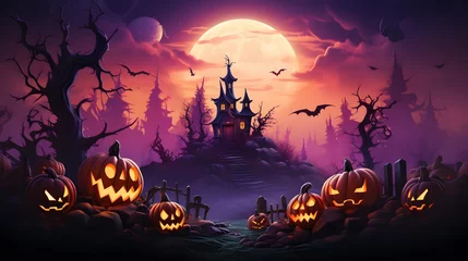 Fototapeten Halloween background with pumpkins and castle, 3d render illustration © mandu77