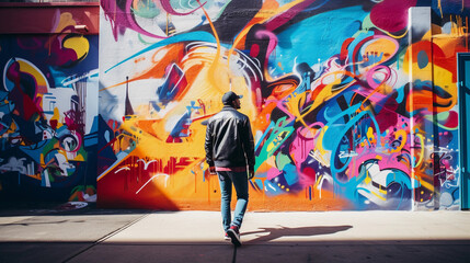 Naklejka premium Abstract mural of a streetwear enthusiast walking downtown, colorful graffiti backdrop, bold and modern, fisheye lens perspective, grainy film texture