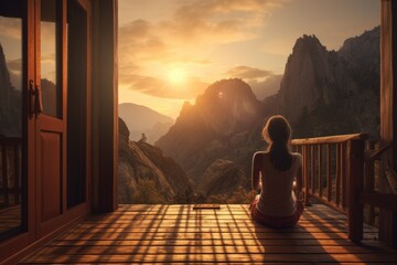 Woman sitting on the terrace with the view to the sunset in mountains. Meditation, mental health, holistic lifestyle, self care idea