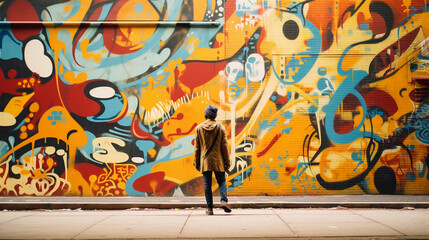 Abstract mural of a streetwear enthusiast walking downtown, colorful graffiti backdrop, bold and...
